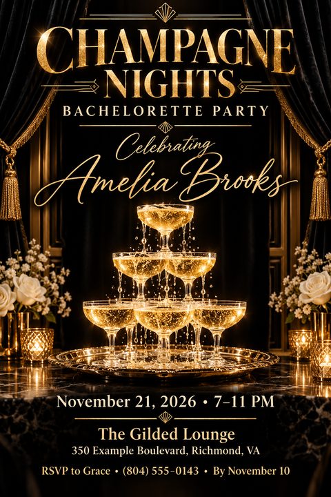 A luxurious bachelorette party flyer with a black background, gold Art Deco accents, and a central image of a sparkling champagne tower on a silver tray. Text reads 'Champagne Nights Bachelorette Party Celebrating Amelia Brooks'.