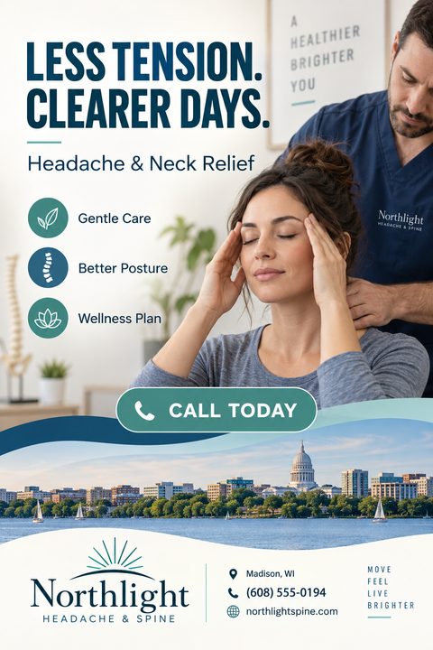 Flyer for a chiropractic clinic. Top half shows a woman receiving a neck massage from a male practitioner. Text reads 'Less Tension. Clearer Days. Headache & Neck Relief'. Bottom half shows a city skyline over a lake, with clinic logo and contact.
