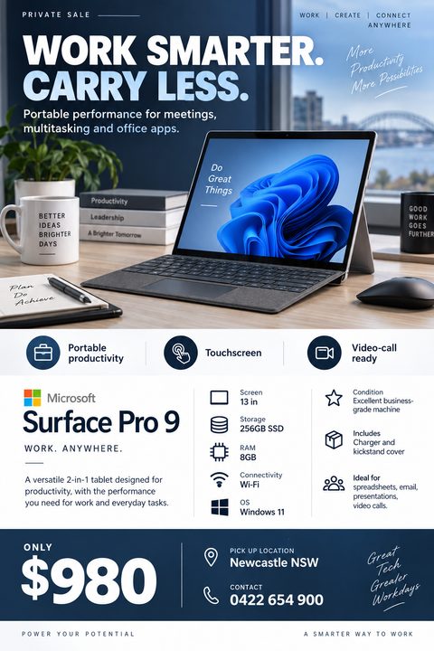 A modern private sale flyer for a laptop. It features a large photo of a tablet on a desk, a grid of icons detailing specifications, and a navy blue section with price and contact details.