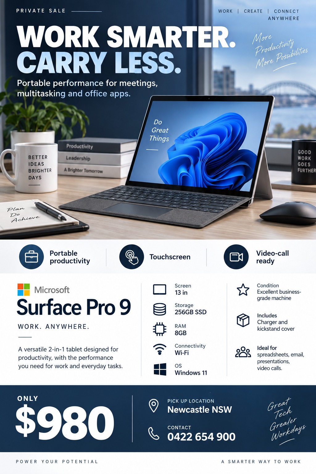A modern private sale flyer for a laptop. It features a large photo of a tablet on a desk, a grid of icons detailing specifications, and a navy blue section with price and contact details.