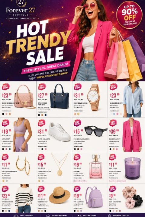 A fashion sale flyer with a vibrant purple and gold header featuring a smiling woman holding shopping bags. Below is a clean grid displaying various clothing, accessories, and beauty products with prices.