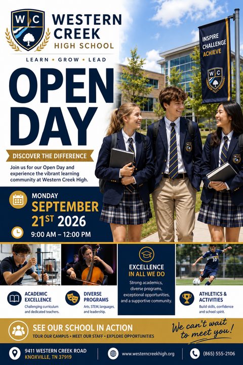 A school open day flyer with a navy and gold color scheme. The top half features a large photo of three smiling high school students in uniform walking on campus. Below, text reads 'OPEN DAY' and provides the date and time. The bottom half includes.