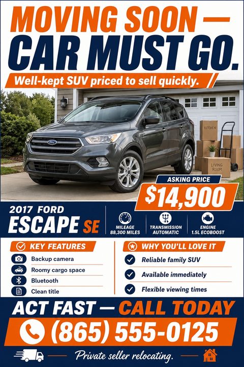 Flyer titled 'Moving Soon - Car Must Go' featuring a photo of a grey SUV parked in a driveway next to moving boxes. The flyer highlights an asking price of $14,900, vehicle specs, key features, and a large phone number at the bottom.