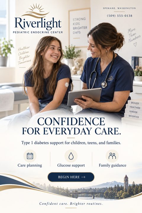 Flyer for a pediatric endocrine center featuring a smiling nurse and a teenage patient with a continuous glucose monitor. Text reads 'Confidence for everyday care. Type 1 diabetes support for children, teens, and families.' Includes icons for care.