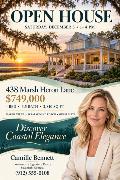 Open house flyer template with a large photo of a coastal home at sunset, property details, price, and a real estate agent's headshot.