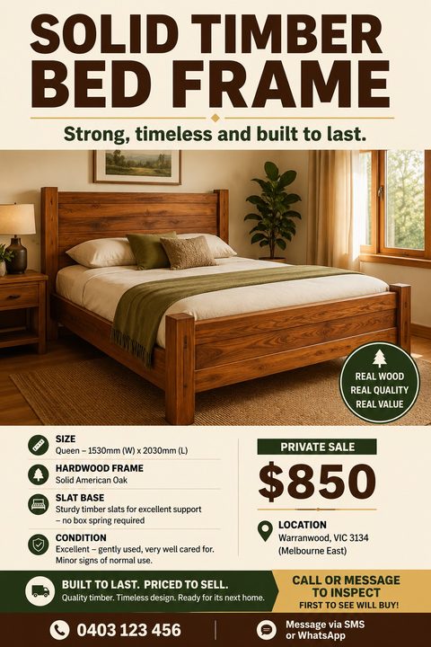 A private sale flyer for a solid timber bed frame featuring a large bedroom photo, bold brown typography on a cream background, green accent banners, and bulleted item specifications.