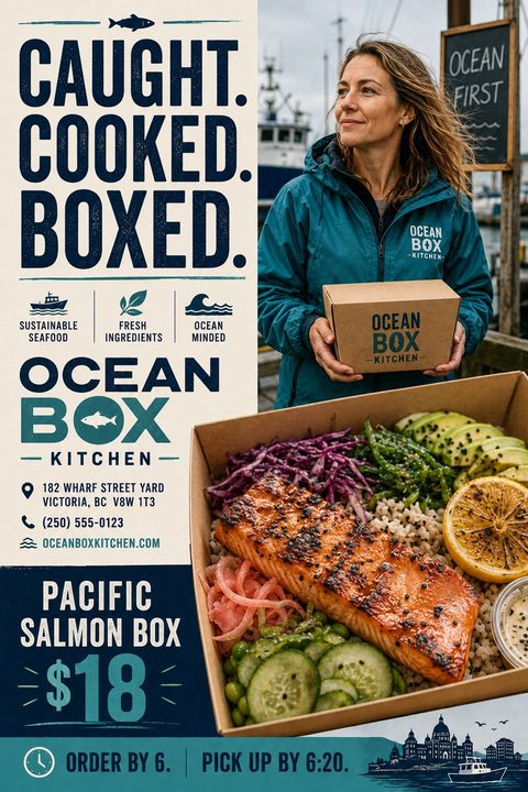 A seafood takeaway flyer featuring a woman holding a branded box at a harbor, alongside a close-up of a grilled salmon meal box. The design uses navy blue and teal with nautical icons.