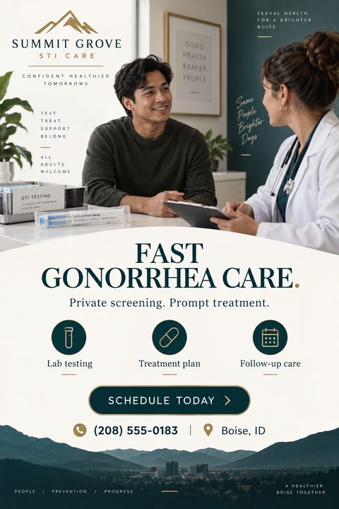 A flyer for an STI care clinic. The top half shows a smiling man talking to a female doctor in a bright office. The bottom half has a cream background with the text 'Fast Gonorrhea Care. Private screening. Prompt treatment.' and icons for lab.