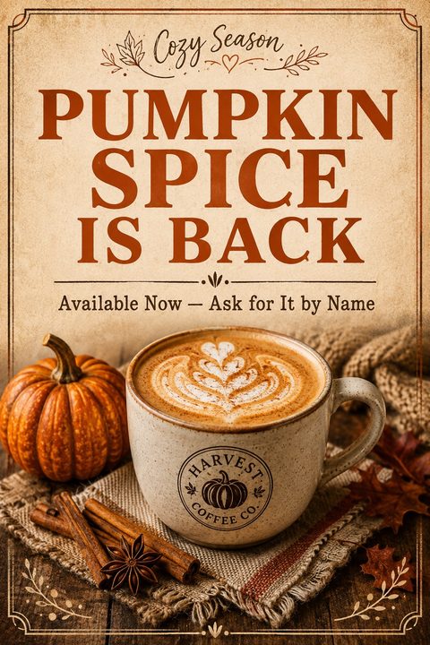 A rustic flyer with a textured beige background. Large orange text reads 'PUMPKIN SPICE IS BACK'. Below is a photo of a latte with latte art, a small pumpkin, cinnamon sticks, and autumn leaves.