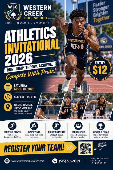 A flyer for an Athletics Invitational featuring a large photo of a male sprinter starting a race, smaller photos of high jump, relay, and hurdles, event details, and a QR code to register.