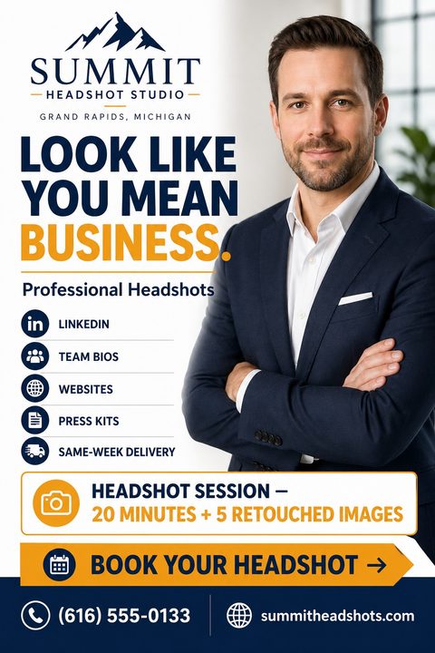 Flyer for Summit Headshot Studio featuring a professional man in a suit. Text reads 'Look Like You Mean Business. Professional Headshots' with a list of uses like LinkedIn and Team Bios, plus a booking call to action.