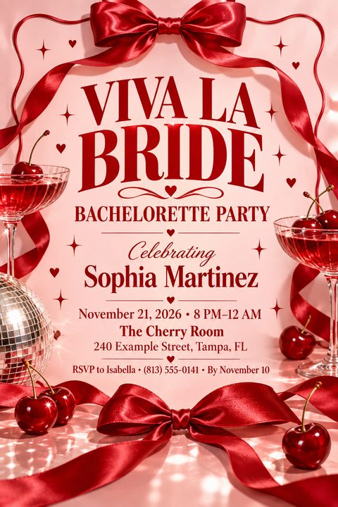 A coquette-style bachelorette party flyer on a pink background, framed by large red satin bows, ribbons, cherry cocktails, scattered cherries, and a silver disco ball. Bold red text reads Viva La Bride.
