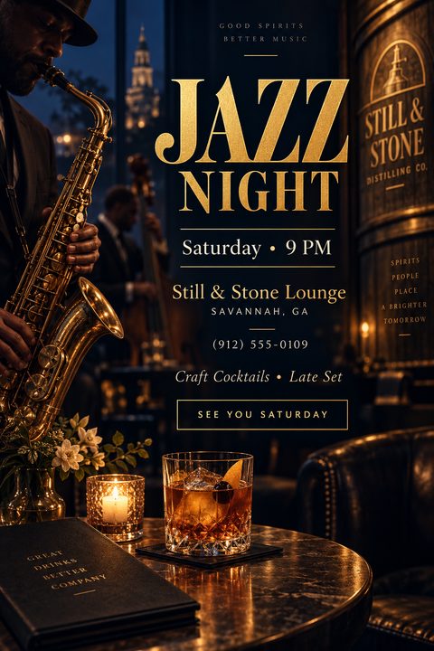 A sophisticated flyer for a Jazz Night event, featuring a man playing a saxophone in the background and a cocktail on a table in the foreground, with elegant gold typography on a dark background.