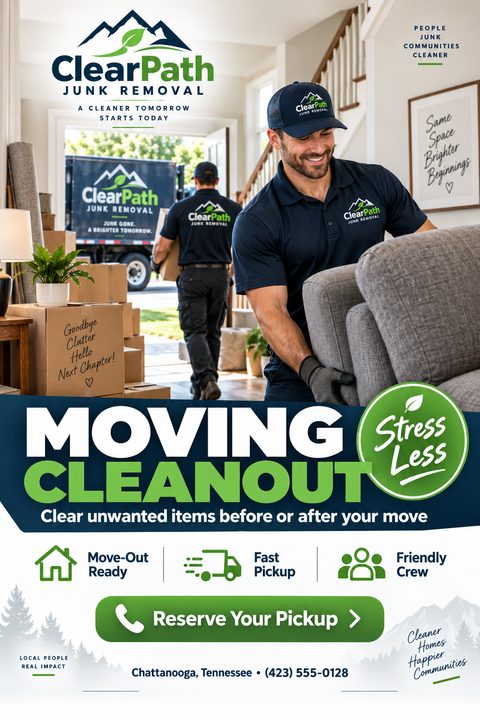 A junk removal flyer featuring a photo of two men in uniform carrying a sofa out of a house towards a branded truck. The design uses bold navy blue and bright green text.