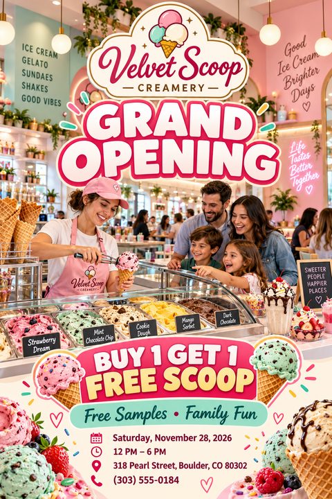 A bright pink and teal flyer for an ice cream shop grand opening. It features a large photo of a family being served ice cream, bold playful text, and a buy-one-get-one-free offer.