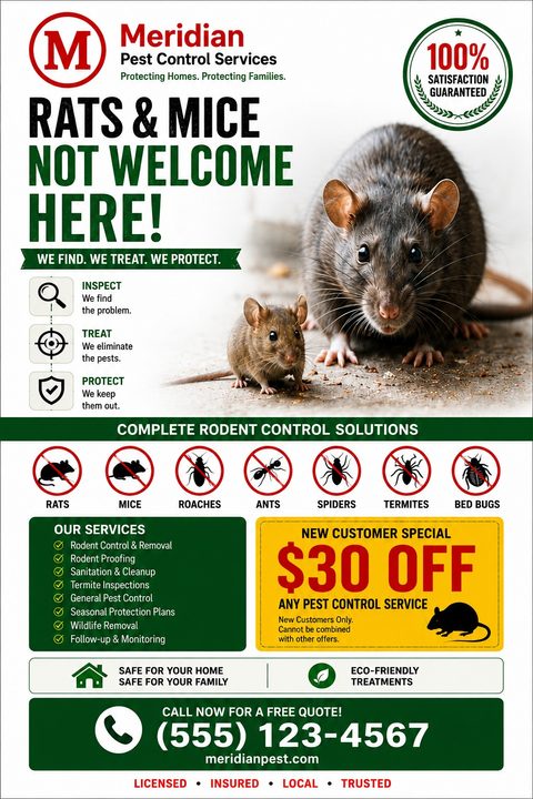 Pest control flyer template with a large photo of a rat and mouse. Text reads 'Rats & Mice Not Welcome Here!' Includes a list of services, icons for different pests, and a $30 off special offer.