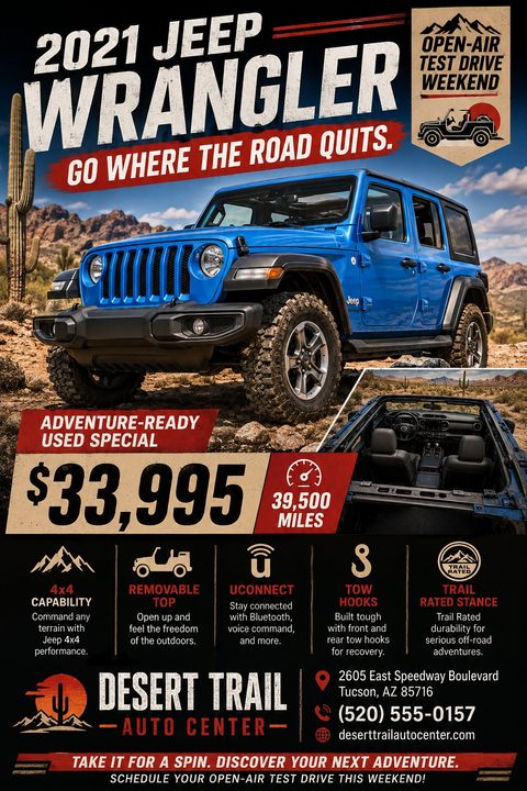 Used car sales flyer template featuring a blue Jeep Wrangler in a desert setting, with bold text, price, mileage, and feature icons.