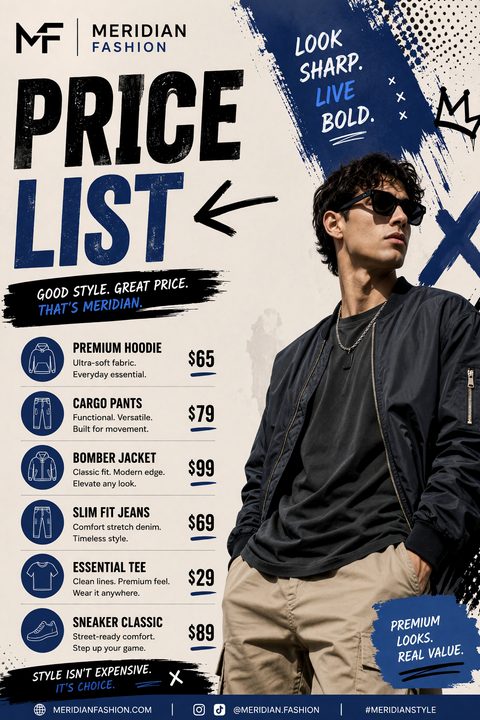 A fashion price list flyer with a photo of a man in a bomber jacket and sunglasses. The text reads 'Price List' in large, distressed font with a list of clothing items and prices below.