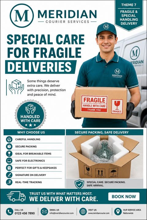 Teal and white courier service flyer featuring a smiling delivery driver holding a fragile box, a list of benefits, and a photo of a securely packed glass vase in a cardboard box.