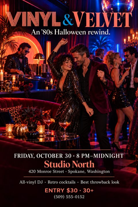 A glamorous 80s-themed Halloween party flyer featuring a couple dancing in a neon-lit nightclub with a disco ball, red velvet couches, gold pumpkins, and retro typography.