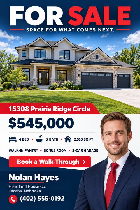 Real estate flyer template with a large photo of a two-story house. Bold text reads 'FOR SALE'. Below the house photo is the address, price, property details, a 'Book a Walk-Through' button, and an agent's headshot and contact info.