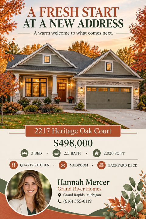 Real estate flyer template with a large photo of a suburban house in autumn. Text reads 'A Fresh Start At A New Address'. Includes property details, price, and realtor contact info.