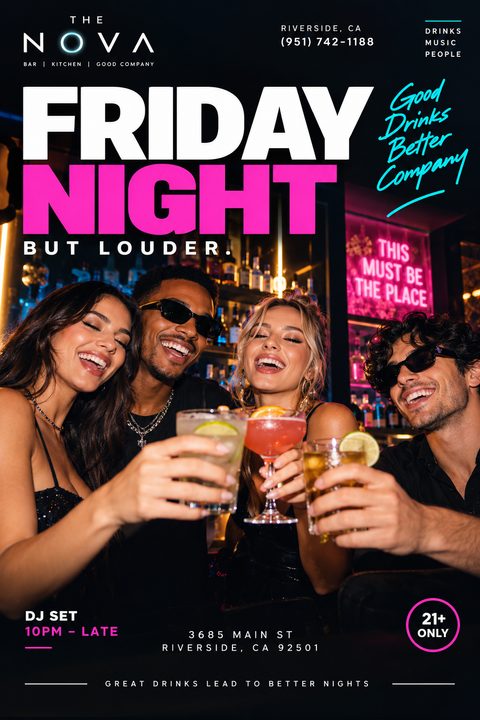 Flyer for a Friday night bar event featuring a photo of four friends laughing and toasting with cocktails in a dimly lit bar with neon signs. Bold text reads 'Friday Night But Louder.'