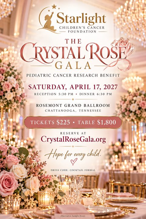 Elegant fundraising gala flyer featuring a blurred background of a formal ballroom with crystal glasses, candles, and pink rose centerpieces. The text is styled in sophisticated burgundy and rose gold typography.