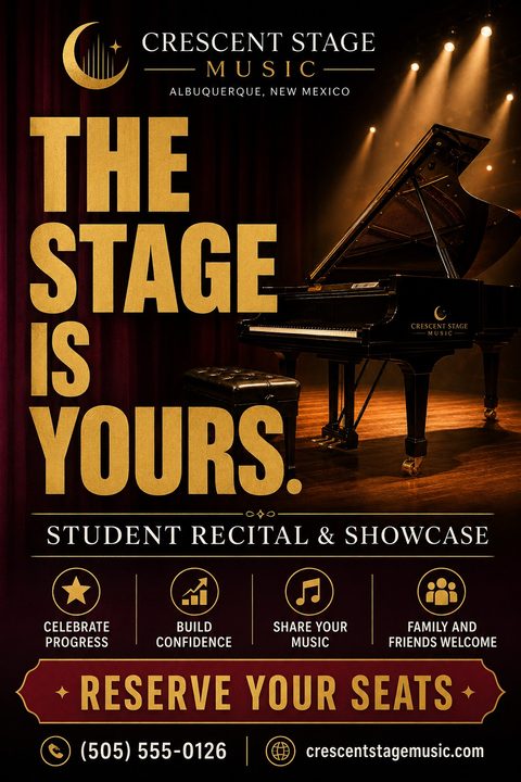 Flyer for a student recital and showcase featuring a grand piano on a stage with dramatic lighting. The text reads 'The Stage is Yours' in large gold letters.