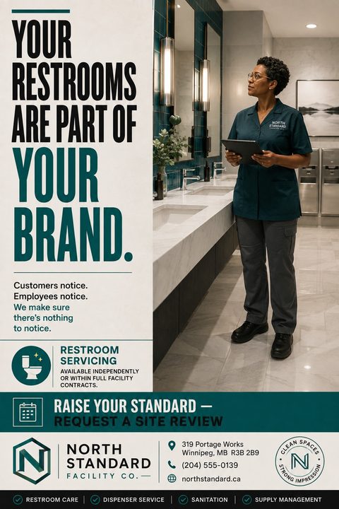 Flyer for North Standard Facility Co. promoting restroom servicing. Features a photo of a professional cleaner inspecting a modern commercial restroom. Text reads 'Your restrooms are part of your brand.'