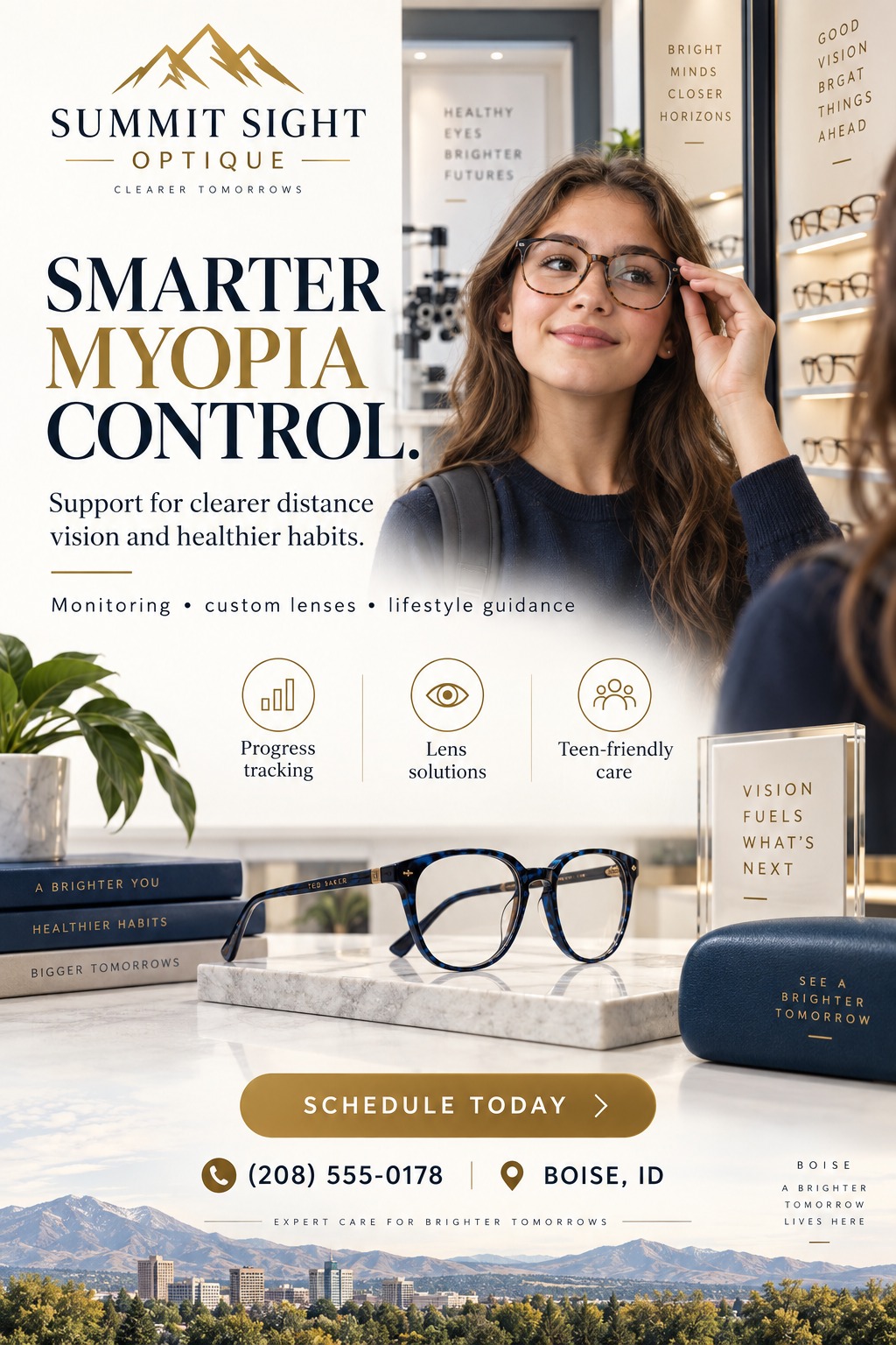 An optometry flyer featuring a young woman trying on glasses, a pair of blue frames on a marble display, service icons, and a navy and gold color scheme with a city landscape.