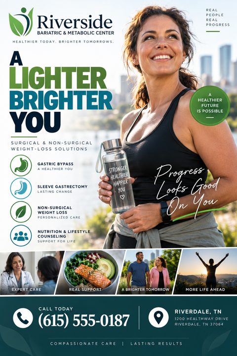 Flyer for a bariatric and metabolic center featuring a smiling woman holding a water bottle. Text reads 'A Lighter Brighter You' and lists surgical and non-surgical weight-loss solutions. Includes four smaller photos showing expert care, healthy.