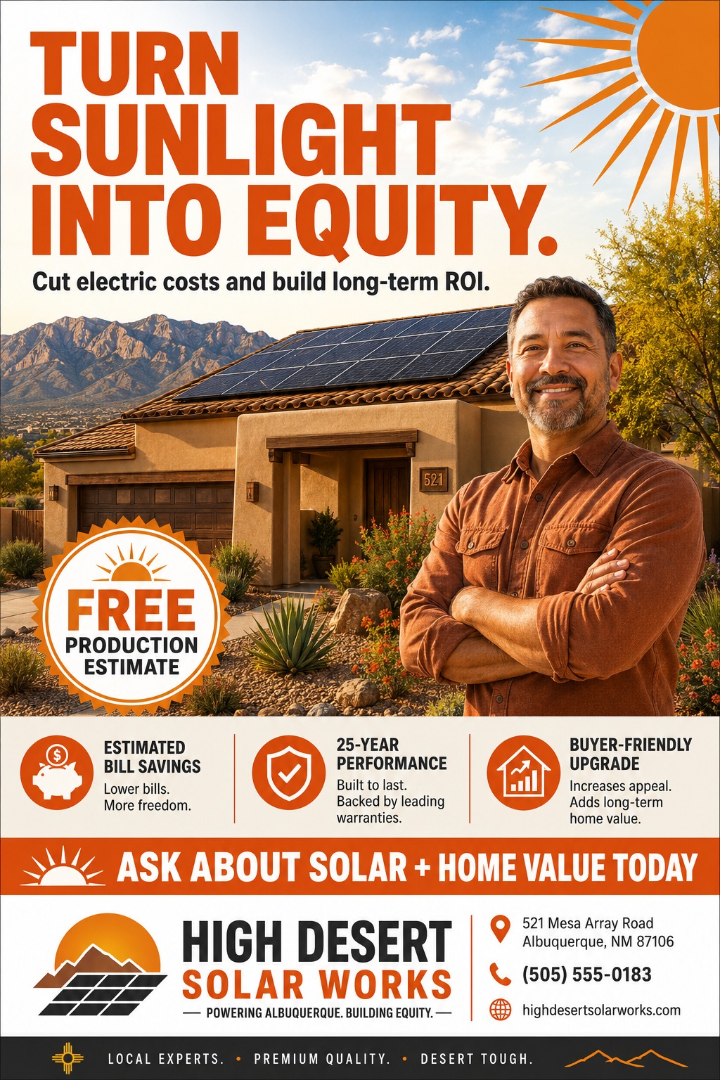 Flyer for a solar company featuring a man standing in front of a house with solar panels in a desert landscape. Text reads 'Turn Sunlight Into Equity' and offers a free production estimate.