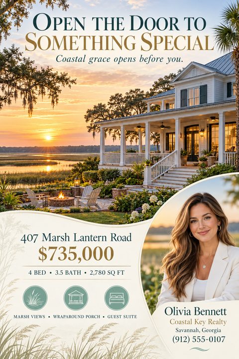 Elegant real estate flyer featuring a large photo of a coastal home at sunset with a wraparound porch. Below, a cream section holds property details, icons, and a circular agent portrait.