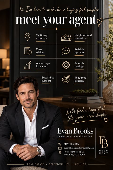 Real estate agent introduction flyer with a dark background. The top reads 'hi, I'm here to make home buying feel simpler' and 'meet your agent'. Below is a grid of eight icons with text like 'McKinney expertise' and 'Clear advice'. The bottom half.