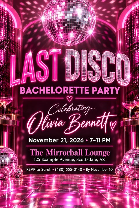 A bright pink neon flyer for a bachelorette party featuring a large disco ball at the top, the words 'LAST DISCO' in neon and mirrorball lettering, and event details below.