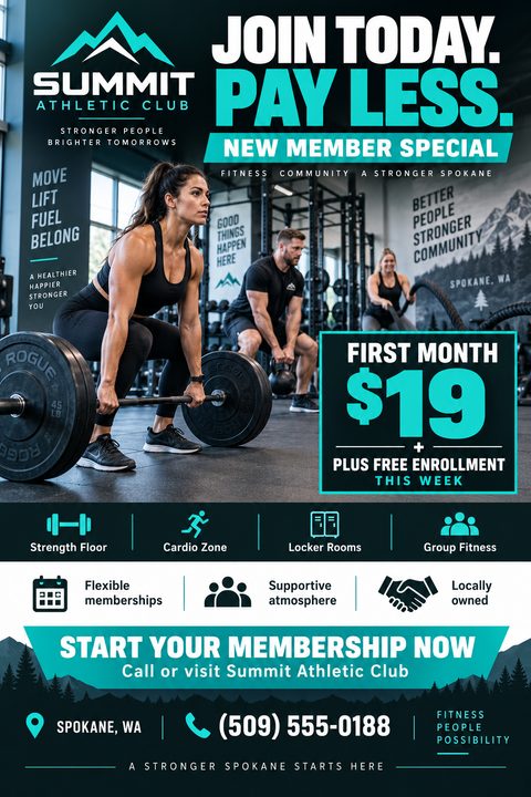Gym membership flyer template with a large photo of people lifting weights, bold teal text offering a new member special, and icons highlighting gym amenities.