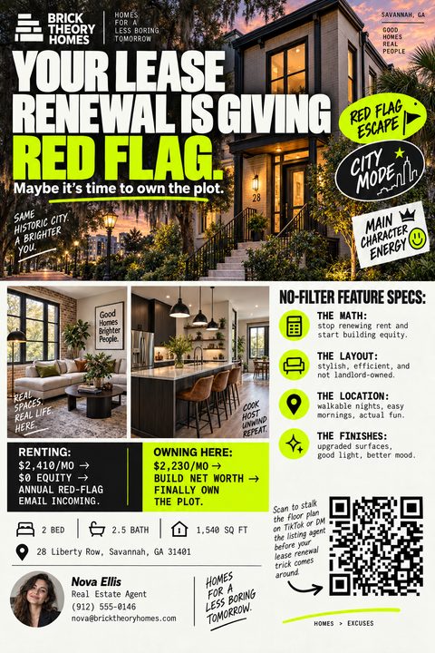 A modern real estate flyer targeting renters. It features a large exterior photo of a townhome, interior shots, neon yellow accents, a rent versus buy comparison, property features, agent details, and a QR code.