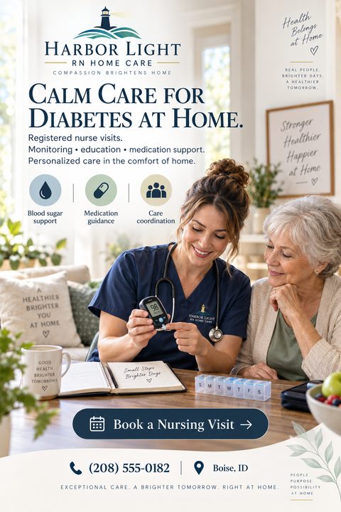 A flyer for Harbor Light RN Home Care, featuring a nurse checking a senior woman's blood sugar at home. The text reads 'Calm Care for Diabetes at Home' and lists services like blood sugar support, medication guidance, and care coordination.