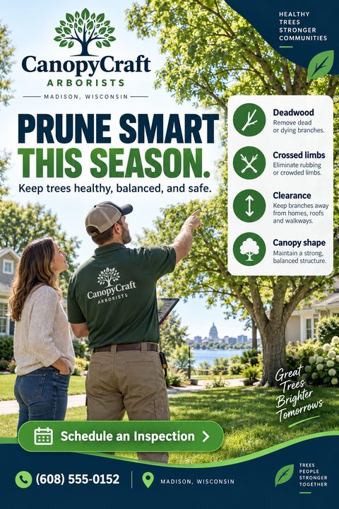 A flyer for an arborist business featuring a background photo of a professional pointing at a tree while talking to a homeowner. It includes a white box listing services with green icons.