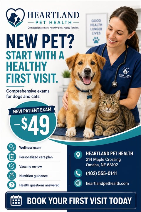 Veterinary clinic flyer template with a photo of a vet smiling at a dog and cat. Text reads 'New Pet? Start with a healthy first visit.' and offers a $49 new patient exam.