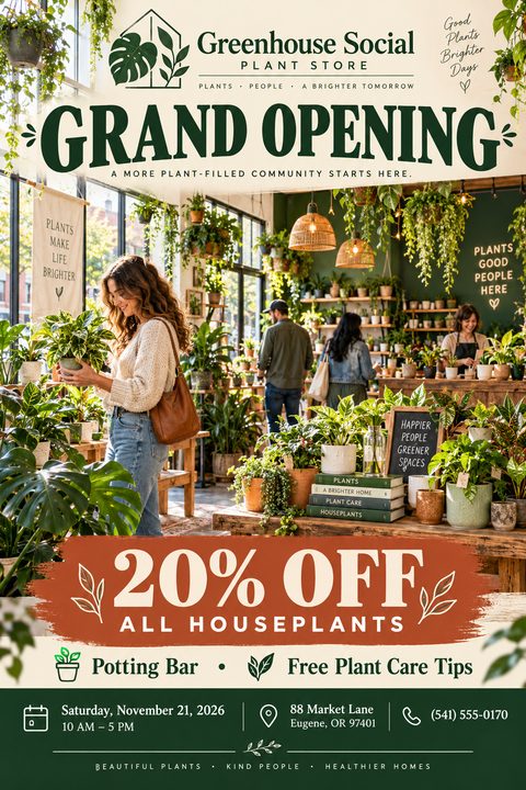 A grand opening flyer for a plant store featuring a large photo of customers browsing lush houseplants. Bold green text announces the opening, with a terracotta banner offering a twenty percent discount.