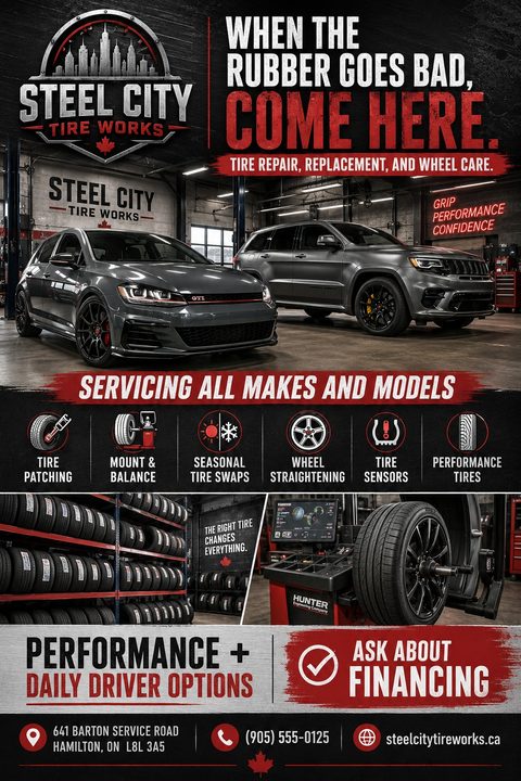 Flyer for a tire shop featuring photos of cars in a garage, tire racks, and balancing equipment, with bold text promoting tire repair and replacement services.