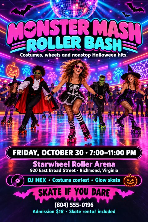 A vibrant neon Halloween flyer showing people in costumes roller skating under a disco ball. Bold pink and cyan text announces a Monster Mash Roller Bash with event details below.