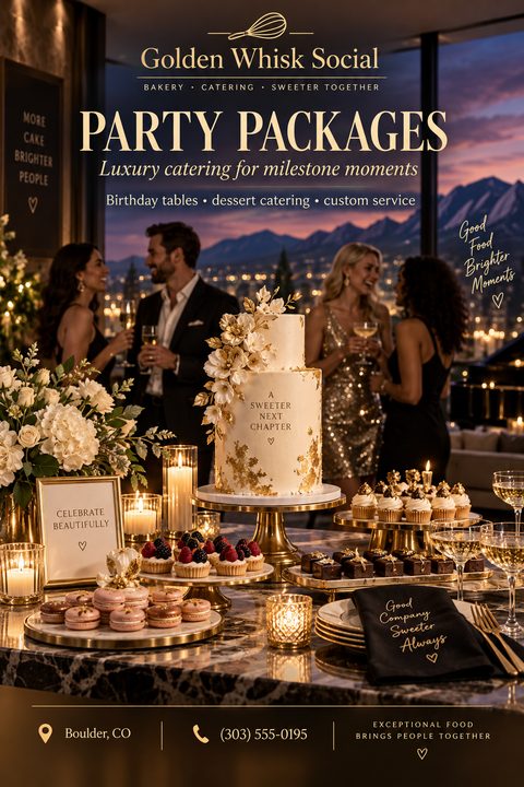 A flyer for Golden Whisk Social advertising Party Packages for luxury catering. The background shows an elegant evening party with a lavish dessert table featuring a tiered cake, cupcakes, and pastries.