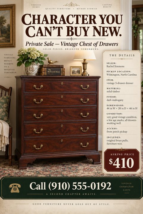 An elegant private sale flyer featuring a large photo of a dark mahogany vintage dresser. It includes classic serif typography, a detailed specifications sidebar, an asking price, and a dark green contact footer.