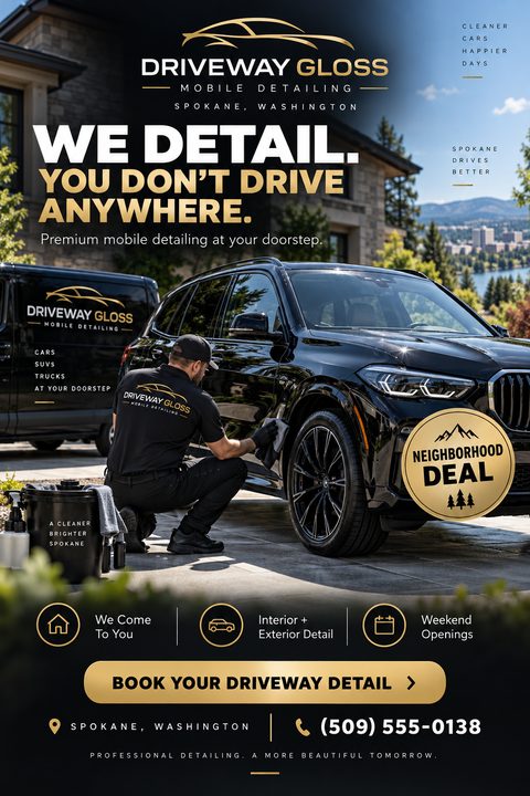 A sleek black and gold mobile detailing flyer featuring a man polishing a black SUV in a driveway, with a gold neighborhood deal badge and service icons at the bottom.