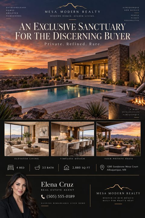A dark-themed luxury real estate flyer featuring a large photo of a modern home with a pool at sunset, three smaller interior photos, property details, and an agent's headshot and contact information.