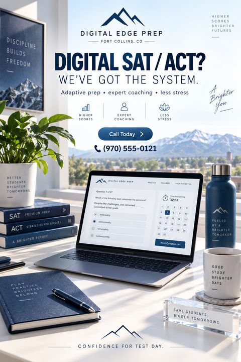 Flyer for digital SAT/ACT prep showing a laptop open to a practice test on a bright desk with books, a plant, and a mountain view out the window.