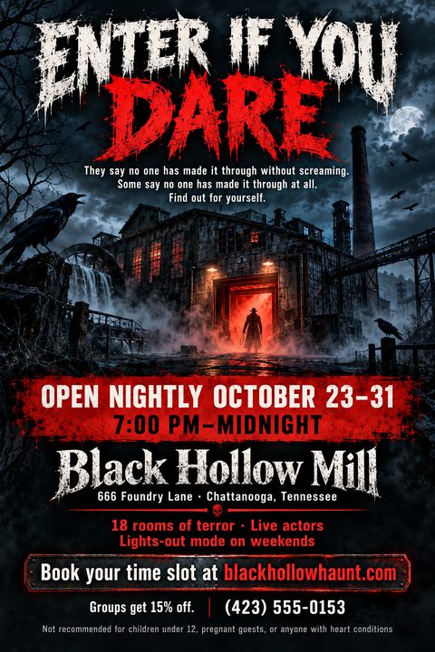 A spooky Halloween flyer featuring an abandoned industrial mill at night. A menacing silhouette stands in a glowing red doorway, surrounded by fog, ravens, and distressed bloody text reading Enter if you dare.